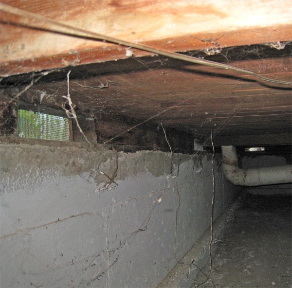 Inside a crawl space, showing the wooden sill and floor framing resting on a concrete foundation wall