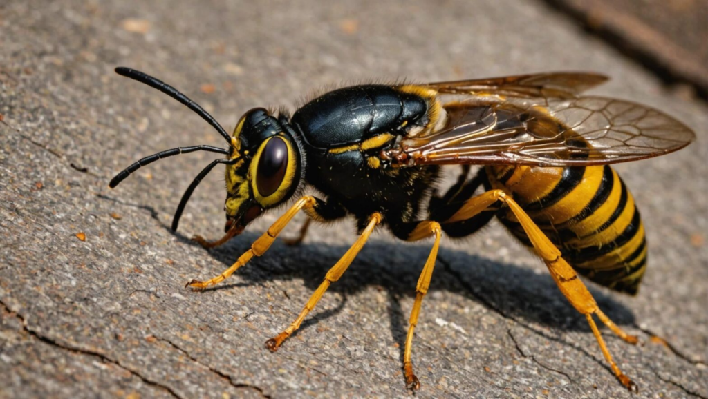 Close-up image of a black and yellow wasp walking on a wooden surface, highlighting its wings, antennae, and segmented body.