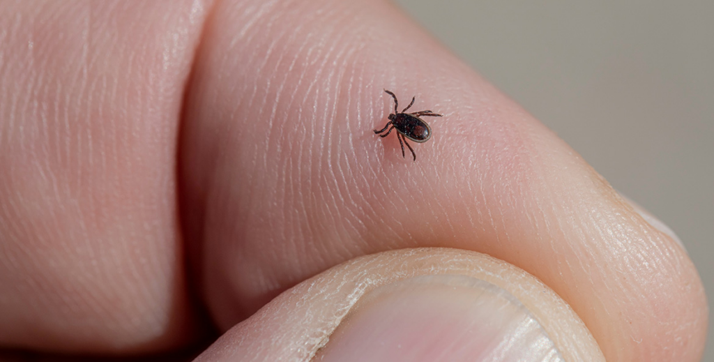 A small black-legged tick (deer tick) crawling on the tip of a human finger, showing its tiny size and reddish-brown body with dark legs.