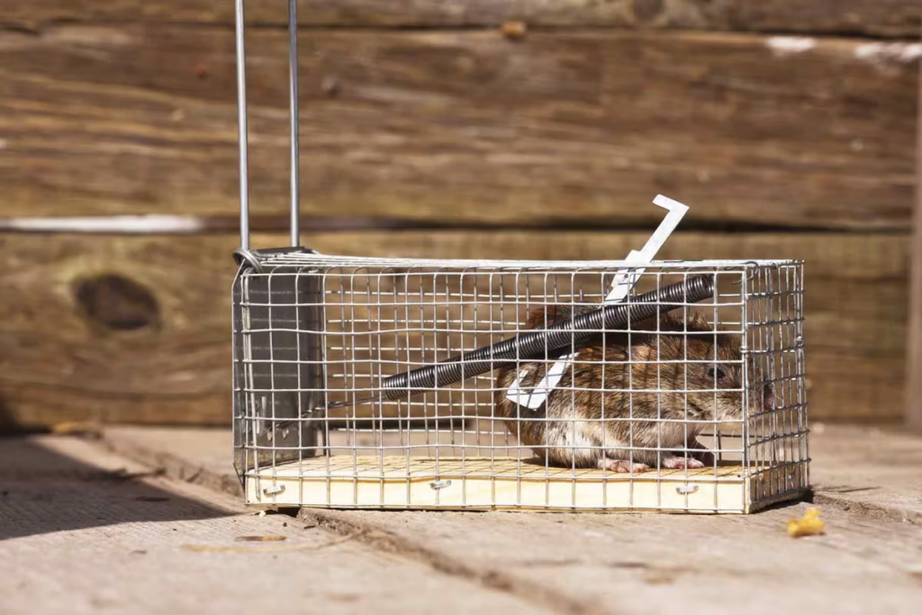 A brown rat is trapped inside a small rectangular metal cage trap placed on a wooden surface outdoors.