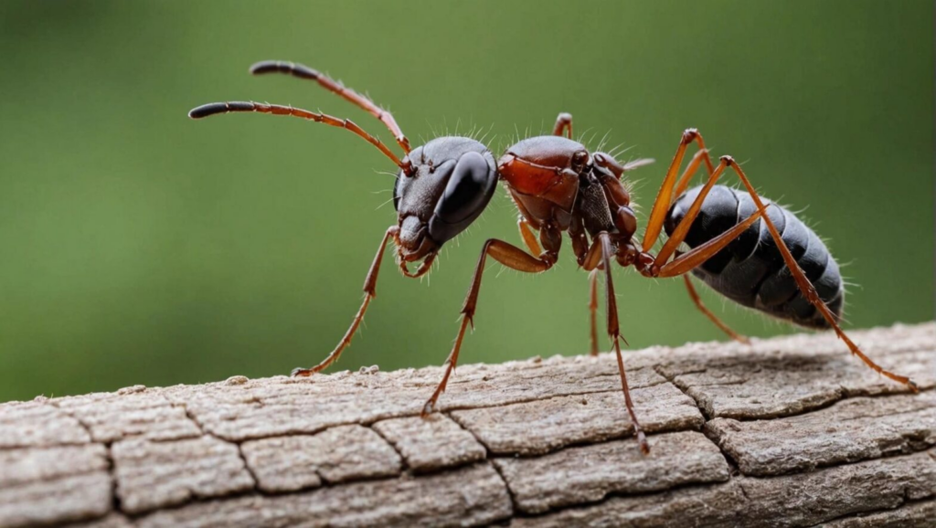 Close-up image of a black and red ant walking along a textured wooden surface, with a blurred green background.