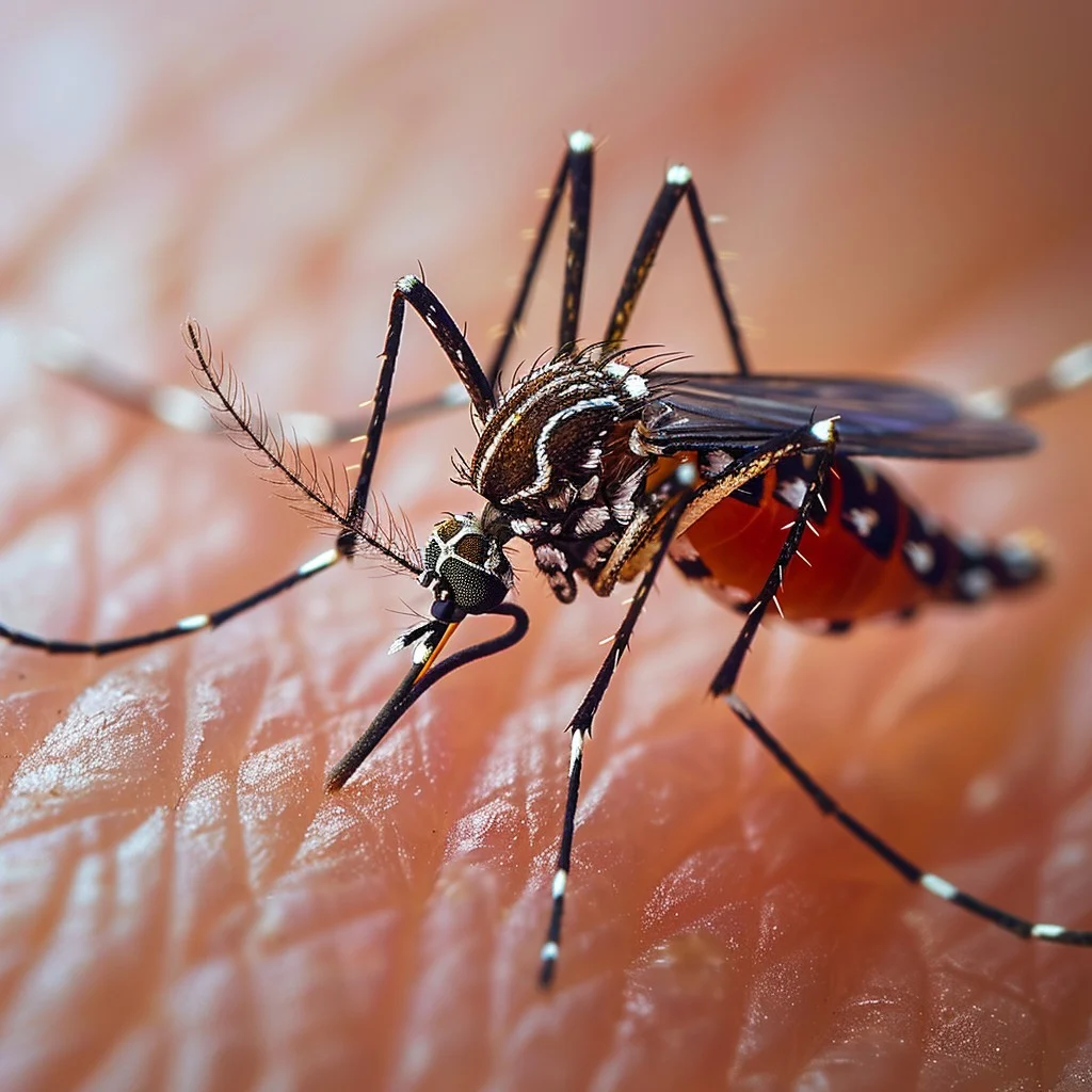 Close-up image of a mosquito with black and white striped legs and body, feeding on human skin, with detailed view of its proboscis inserted into the skin.