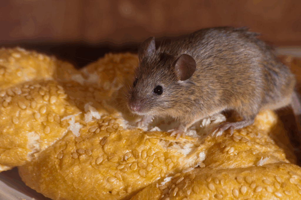 House mouse eating a sesame seed bun on a kitchen counter, highlighting food contamination risk.